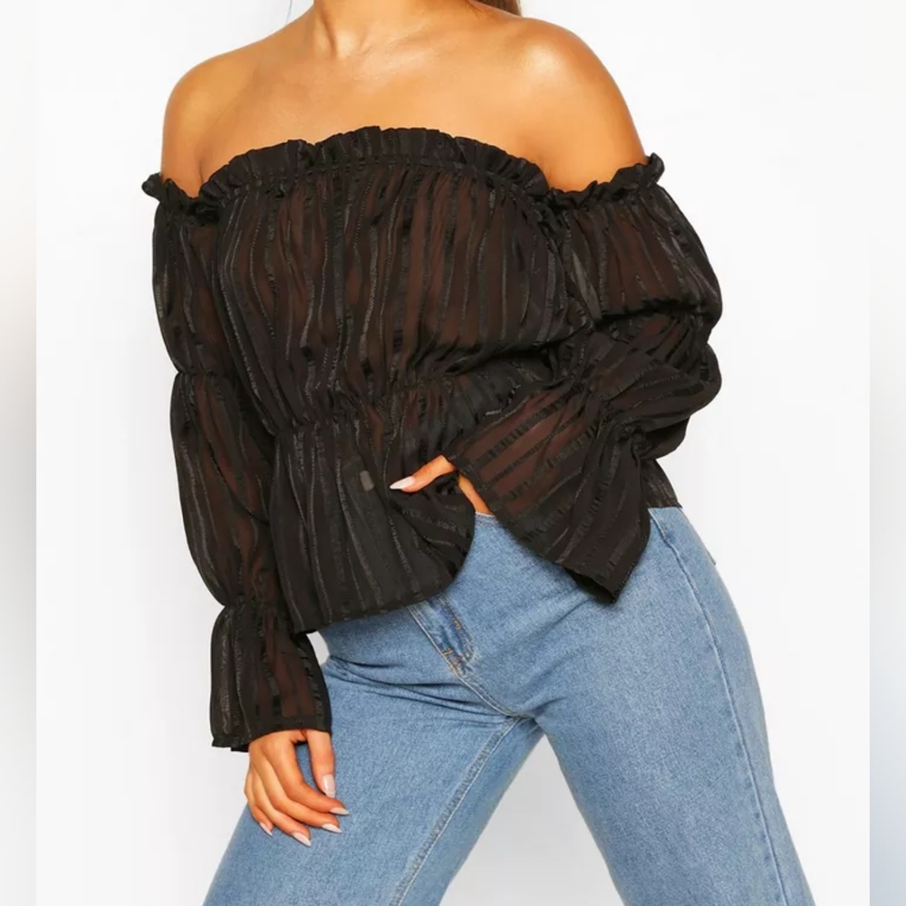 NWT Plus Size Boohoo Sheer Satin Stripped Bardot Peplum Top